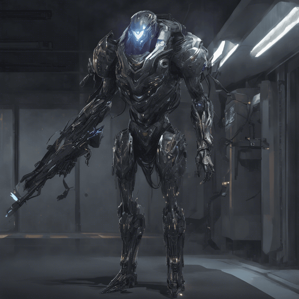 A Wraith Sentinel, a sleek automaton with a humanoid shape. Its metallic frame is adorned with various weapons integrated into its arms, and it's equipped with optic camouflage that shimmers intermittently, revealing its form amidst the flashing emergency lights of the data center.