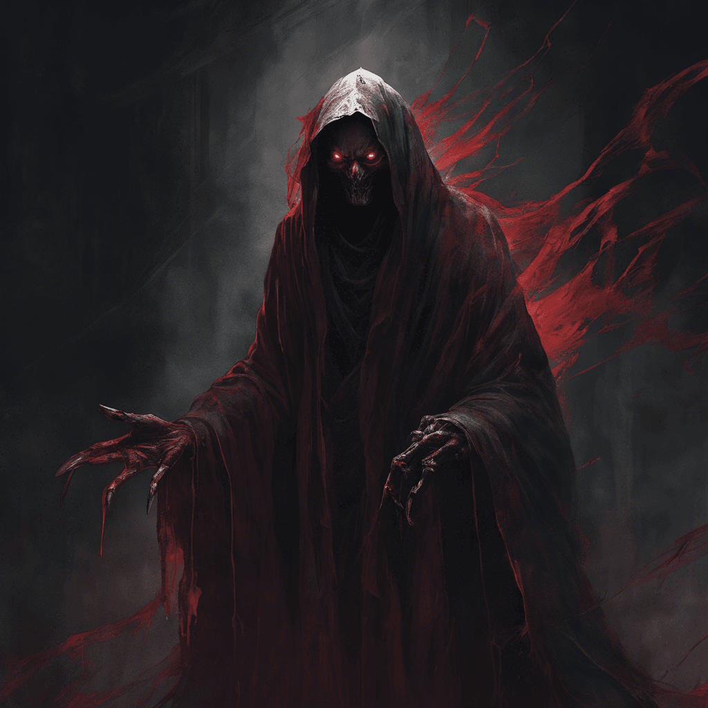 A sinister figure draped in tattered robes with eyes that glow red in the darkness, sharp claws extending from its fingertips.