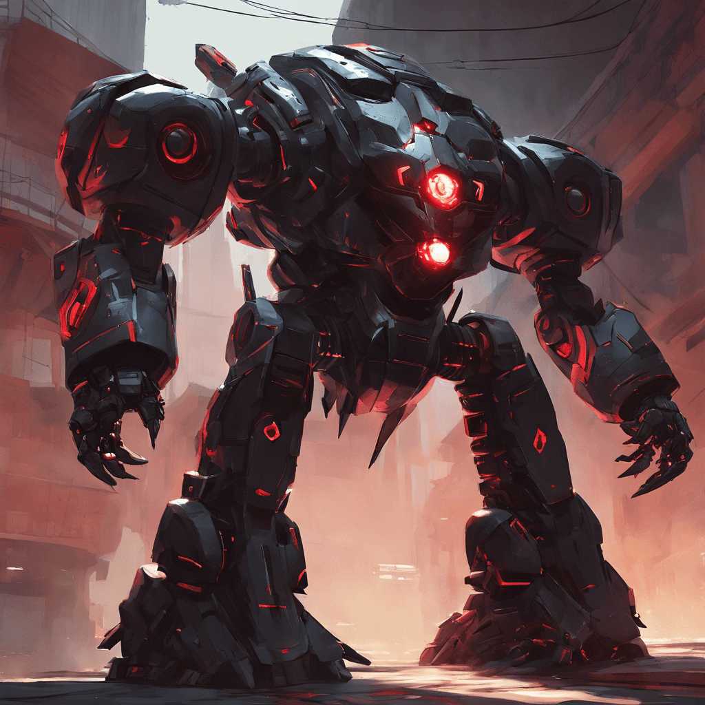 A towering guardian robot, covered in sleek obsidian plating, with pulsing energy cores visible through cracks in its armor. Its three eyes glow with a menacing red light, scanning for intruders. It has a pair of cannons built into its arms, and its movements produce an ominous hum.