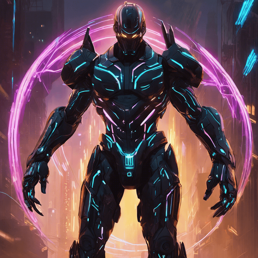 A towering figure clad in sleek black cybernetic armor, adorned with glowing neon lines. Its eyes glow with a cold, calculating light, and its movements are precise and deadly.