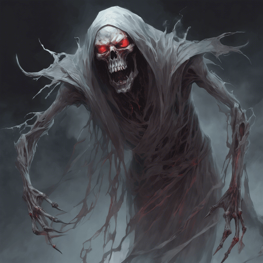 A Spectral Wraith with pale, translucent skin stretched over a skeletal frame, gleaming red eyes peering from darkened sockets, tattered robes flowing as if caught in an eternal gust, and elongated fingers ending in sharp, ethereal claws.