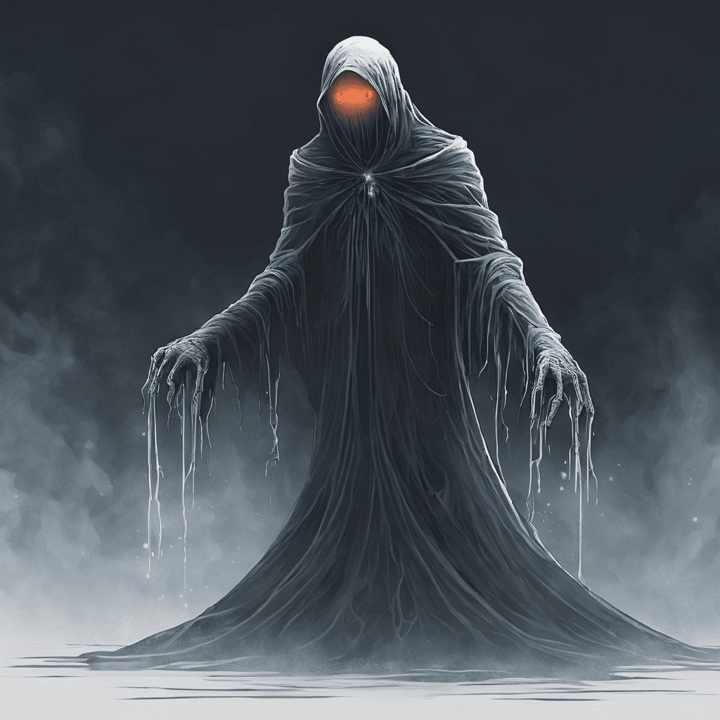 A wraith-like entity that appears as a shadowy figure with glowing eyes. Its form wavers, phasing in and out of existence as it moves. The air turns icy cold in its presence, and faint whispers can be heard echoing around it.