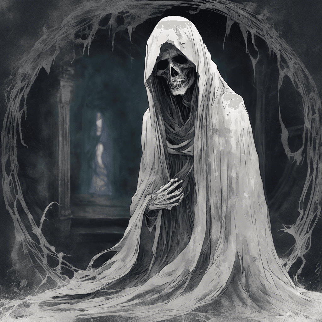 The Whispering Shadow is a ghostly figure shrouded in tattered, ethereal robes. Its eyes glow with an unnatural light, and its voice is a haunting whisper that sends shivers down your spine.