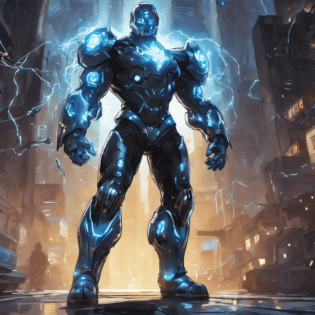 A towering figure clad in dark, reflective cybernetic armor, pulsating with arcs of electricity. The Enforcer's eyes gleam with a cold blue light, and its right arm is augmented with a gauntlet known as the ElectroFist, capable of delivering devastating shockwaves.