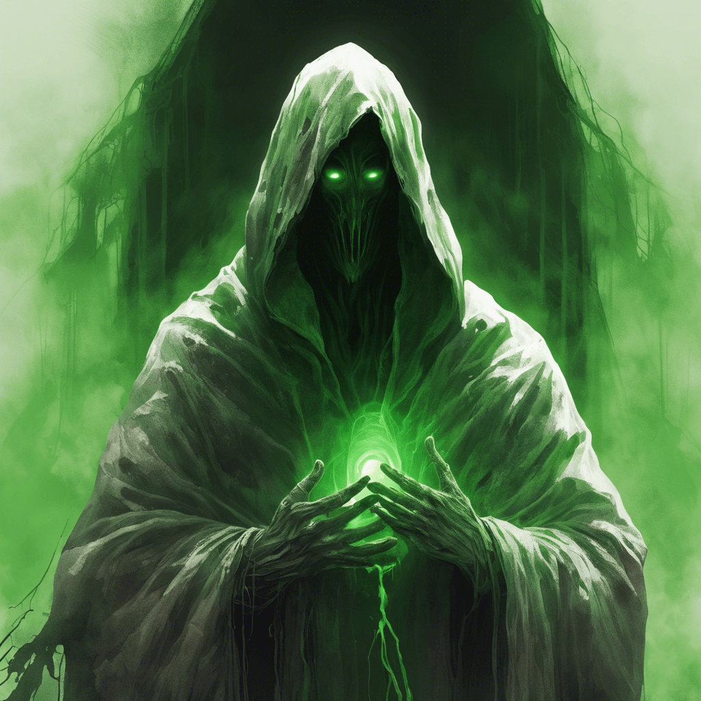 A spectral figure draped in tattered robes, its face hidden beneath a deep hood. Eerie green light emanates from within its hollow eye sockets and its movements are accompanied by a chilling whisperlike sound.