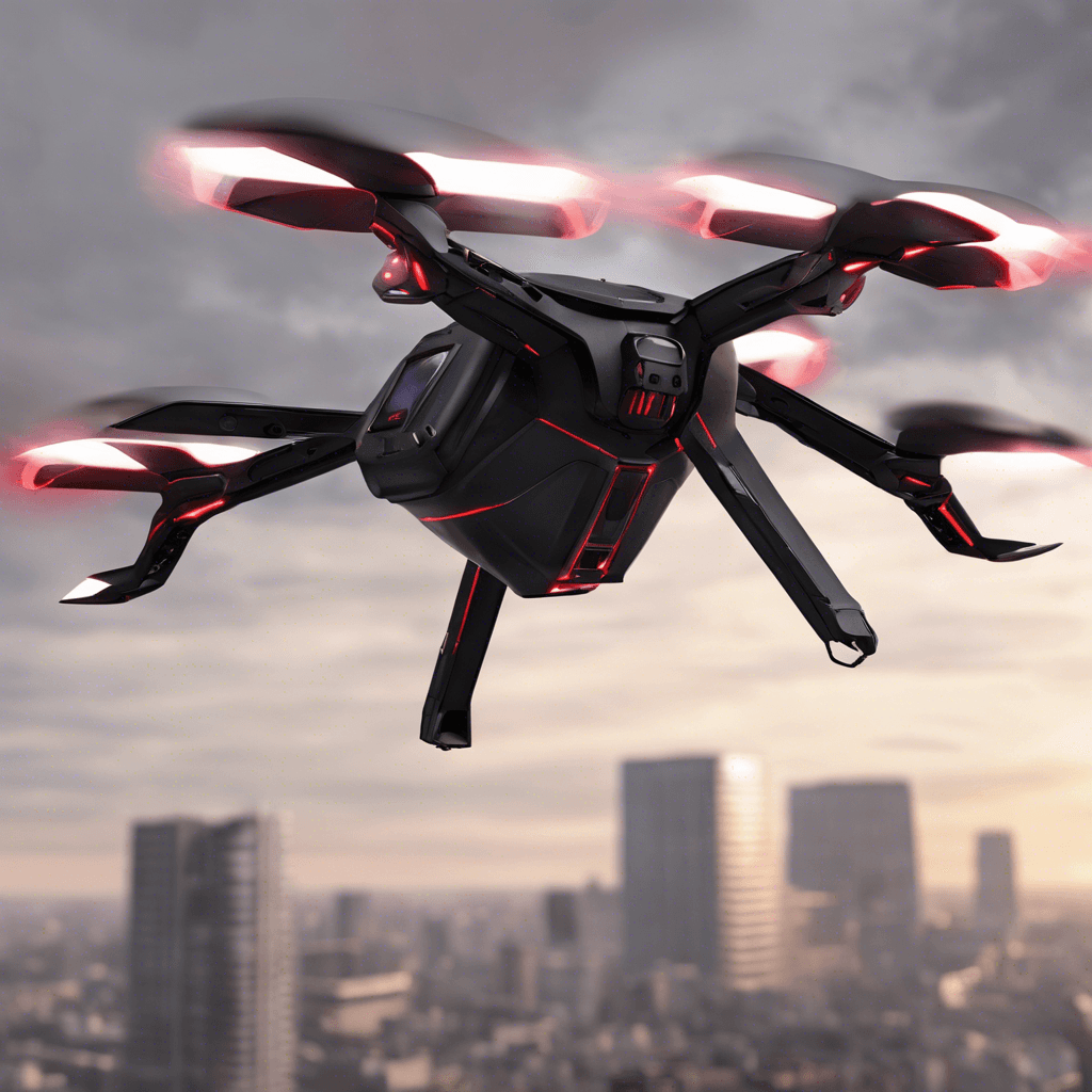 A sleek, hovering Sentinel Drone with matte black armor and red scanning lights. It's equipped with a variety of sensors, anti-tamper alarms, and a taser for incapacitating intruders. It's silently patrolling the apartment, keeping a watchful eye over its domain.