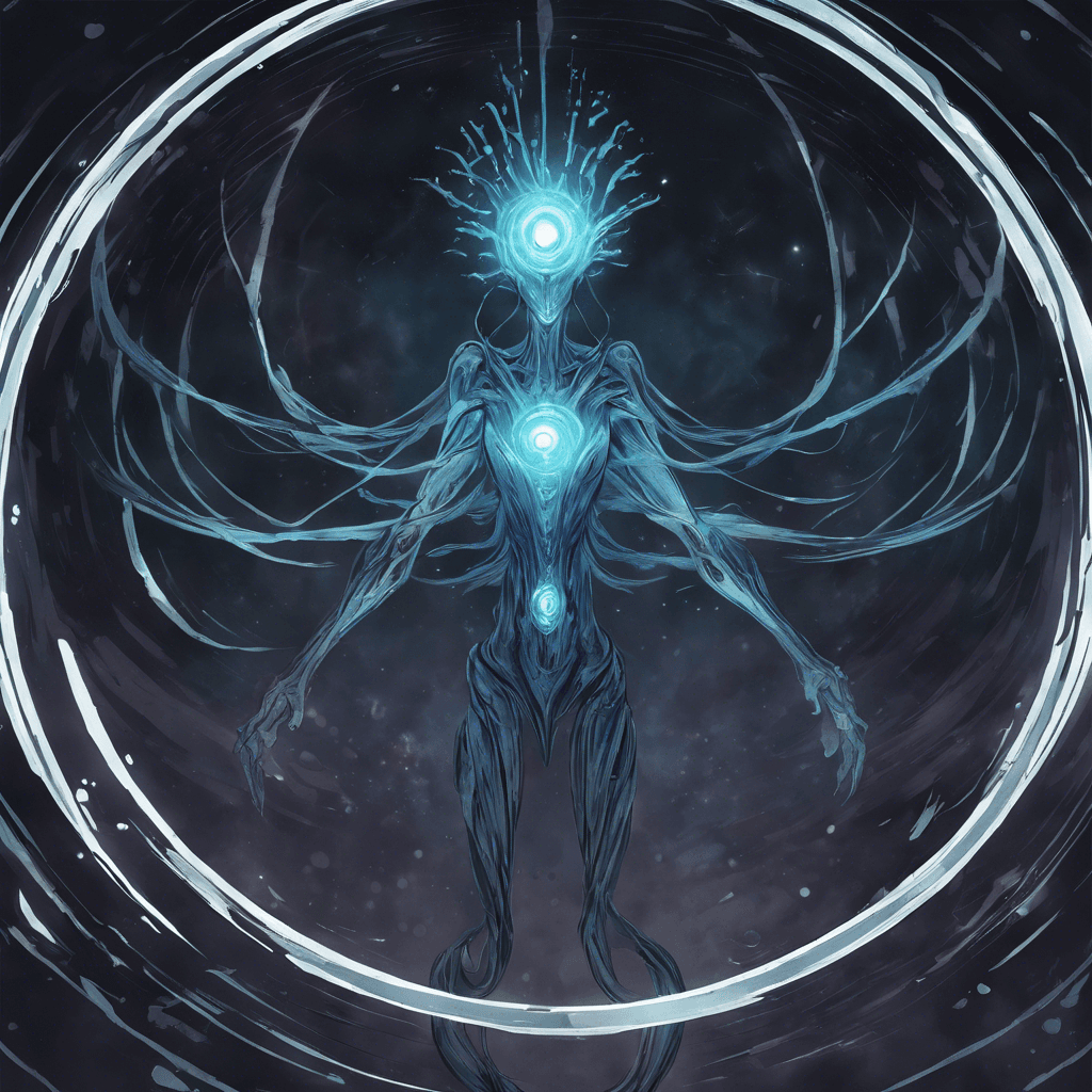 A swirling vortex of shimmering dark energy, the Chrono Wraith has a humanoid silhouette with elongated limbs and a face devoid of features save for two glowing eyes. It emanates pulses of distorted time waves, causing the surrounding area to blur and shift.