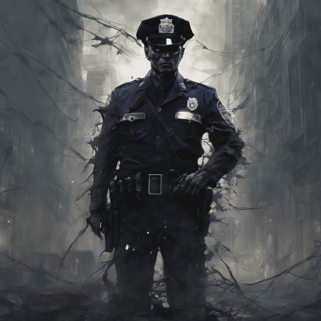 A towering, ethereal figure in a tattered police uniform, its eyes a haunting void, its spectral handcuffs clink with the sound of tormented souls.