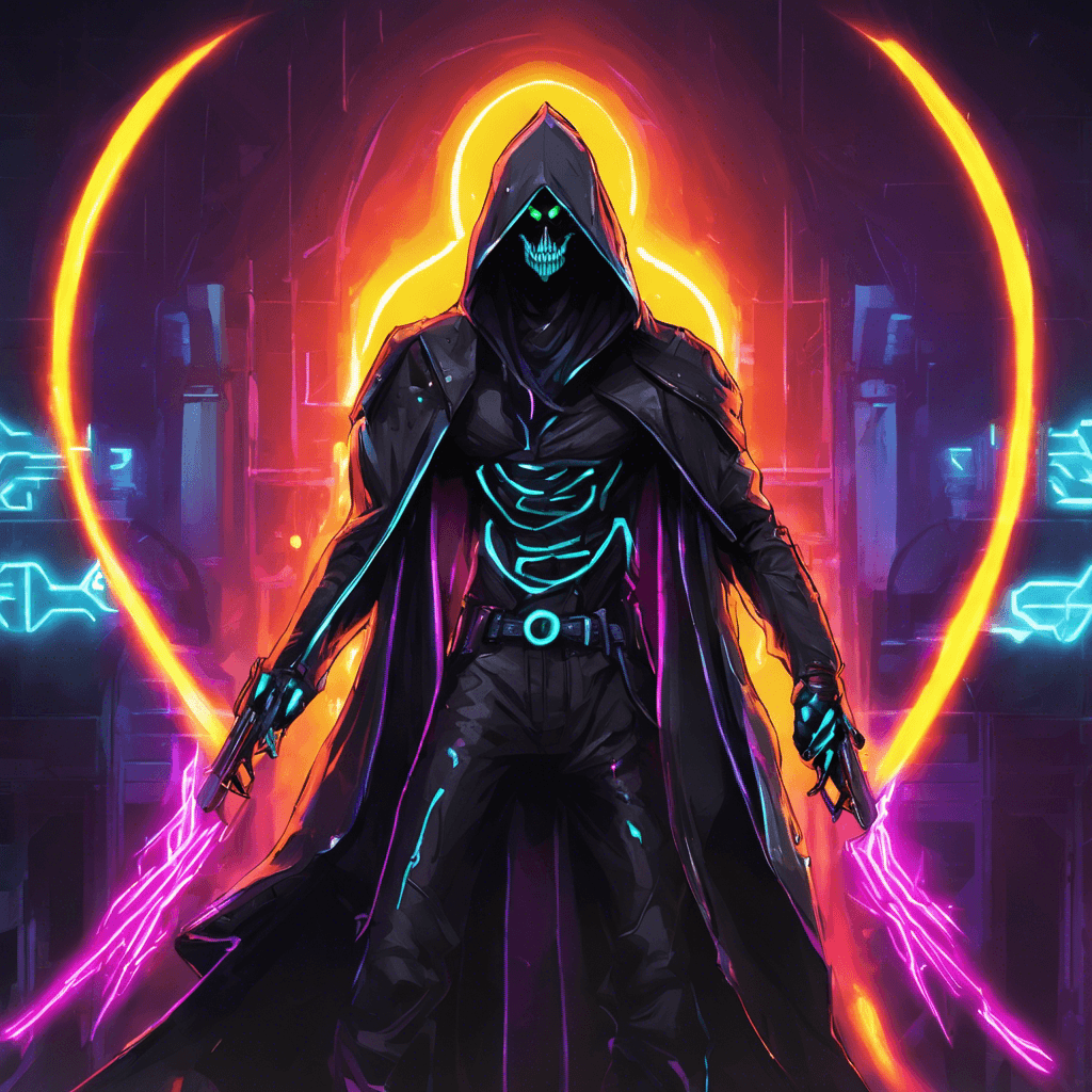 The Neon Reaper is a cybernetically-enhanced assassin shrouded in a sleek black cloak that crackles with neon energy. Their eyes glow with a cold, calculating light, and their movements are swift and precise.