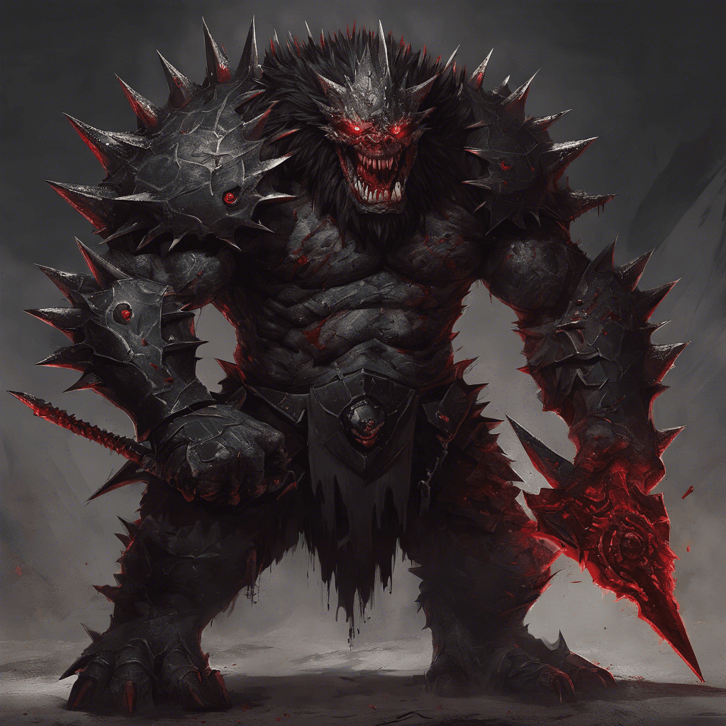 A hulking brute of a creature, clad in spiked black armor, with blood-red eyes and a snarl revealing jagged teeth. It wields a massive spiked club that crackles with dark energy.