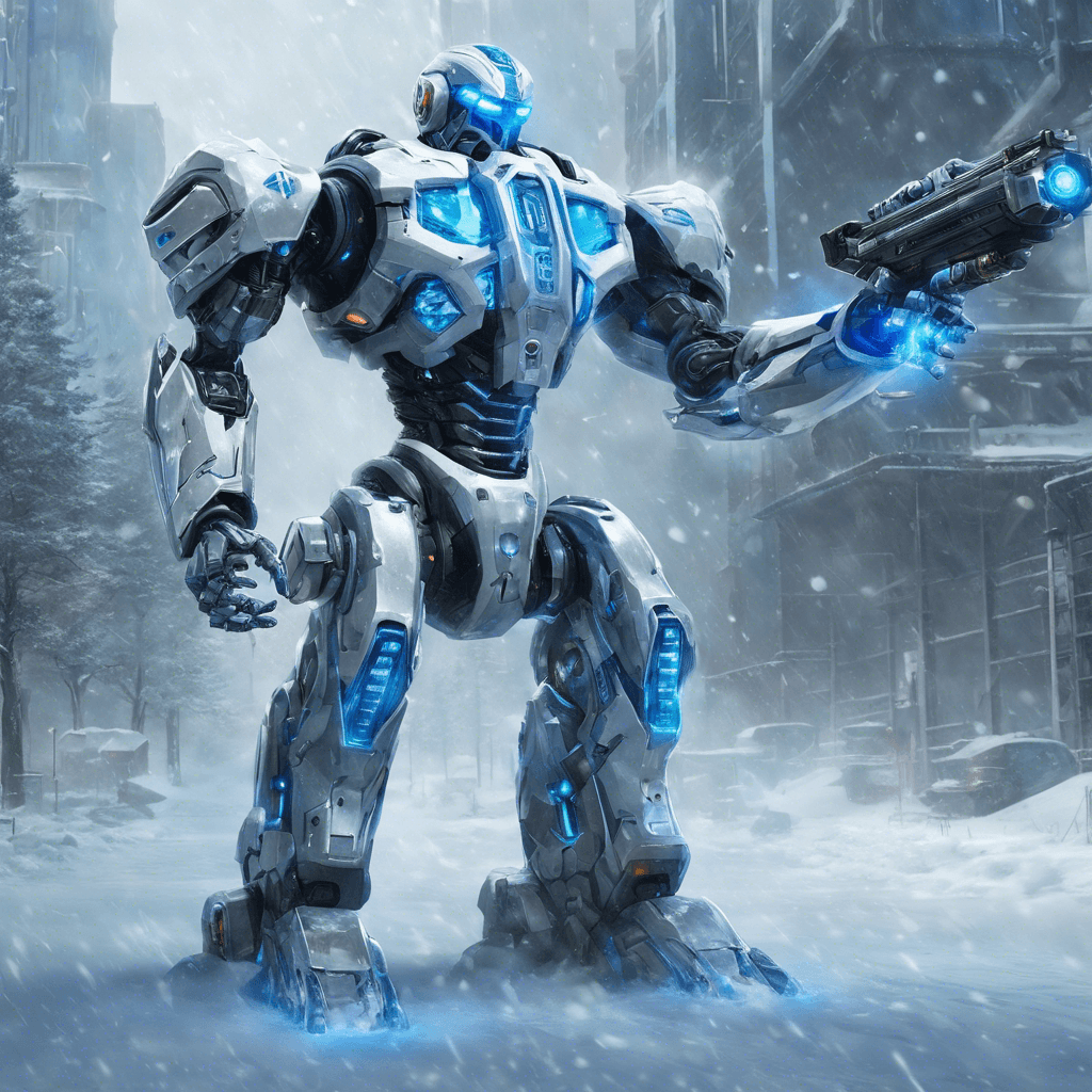 A towering robot with frost emanating from its joints and weapons, the Cryo-Sentinel has a sleek, metallic body with ice-like armor plating. Its eyes glow with a chilling blue light, and its hands are equipped with blaster cannons that seem to be powered by sub-zero technology.