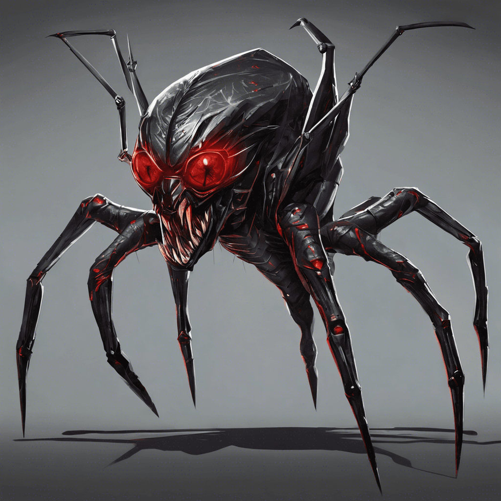 A sleek, metallic predator resembling a cross between a feline and a spider, with razor-sharp appendages and glowing red eyes.