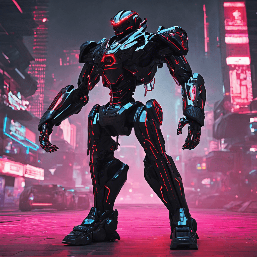 The Cybernetic Defender is a heavily armored humanoid robot, standing at 7 feet tall. Its body is covered in sleek black carbon fiber plating, with glowing red accents outlining its joints. It wields a powerful energy shield and a retractable wrist blade, ready to take down intruders with ruthless efficiency.