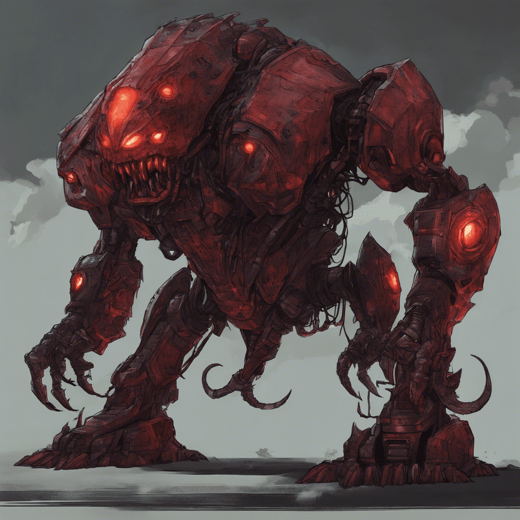 The Xenonite Behemoth is a massive, robotic monstrosity covered in thick, impenetrable armor plating. Its glowing red eyes scan its surroundings as it emits a low, menacing hum. The Behemoth towers over the landscape, its mechanical limbs capable of devastating attacks.