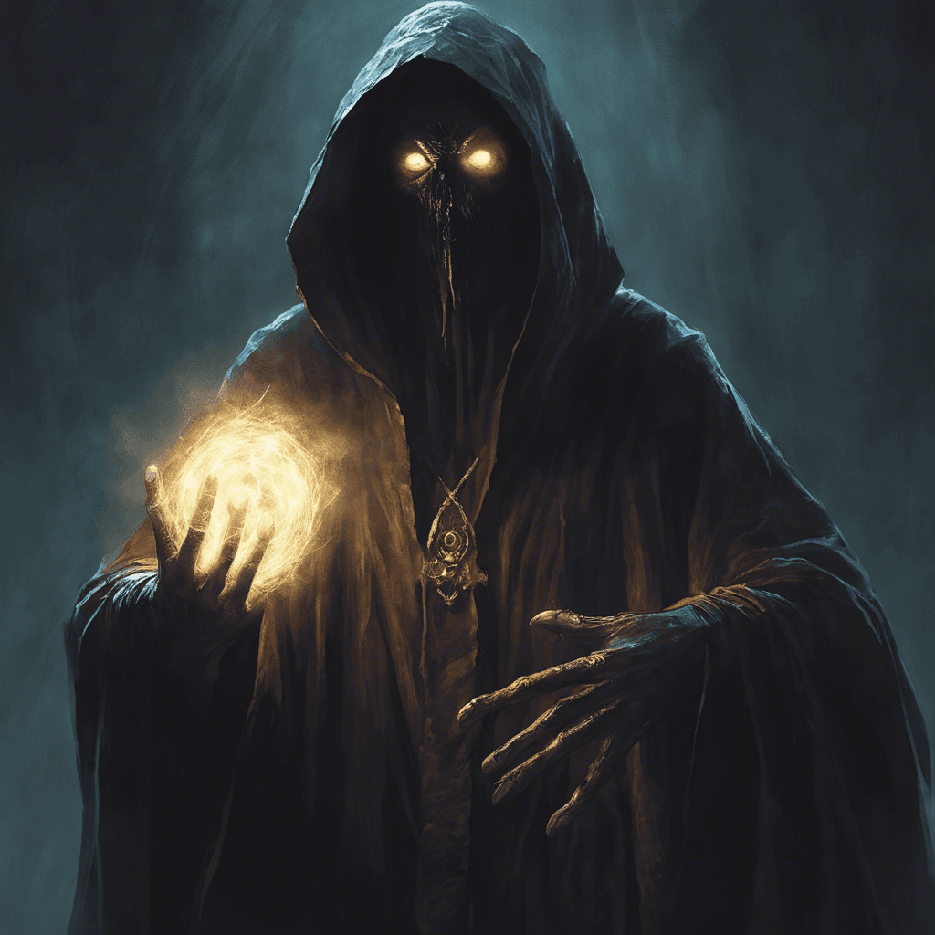 A robed figure with an obscured face, emanating an aura of dark magic. The cultist's eyes glow with an otherworldly light, and its hands crackle with eldritch energy. Its presence sends chills down your spine, and a sense of impending doom washes over you.