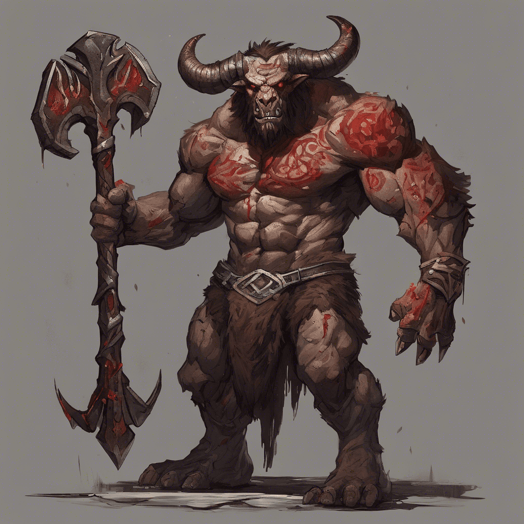 A hulking minotaur with battle-scarred fur, piercing red eyes, and a labyrinthine symbol burnt into its chest stands menacingly before you, wielding a massive, rune-etched greataxe that seems to hum with a dark energy.