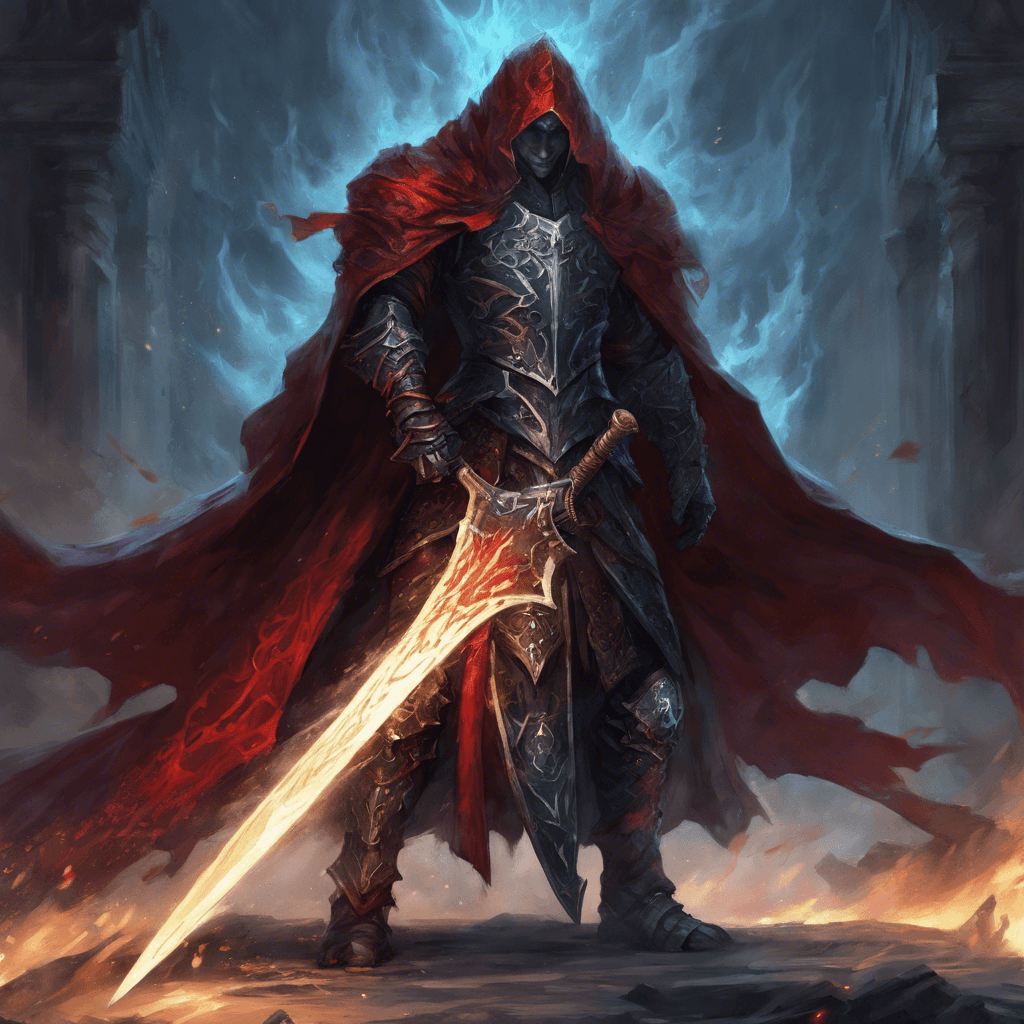 An imposing figure, clad in dark, ornate armor that bears the scars of many battles. His eyes, a piercing blue, seem to glow with an inner fire of malice. A heavy crimson cloak billows behind him, and in his hand, he wields a massive sword etched with runes that shimmer with dark energy. The oppressive aura of tyranny exudes from him, asserting his dominance over all he surveys.