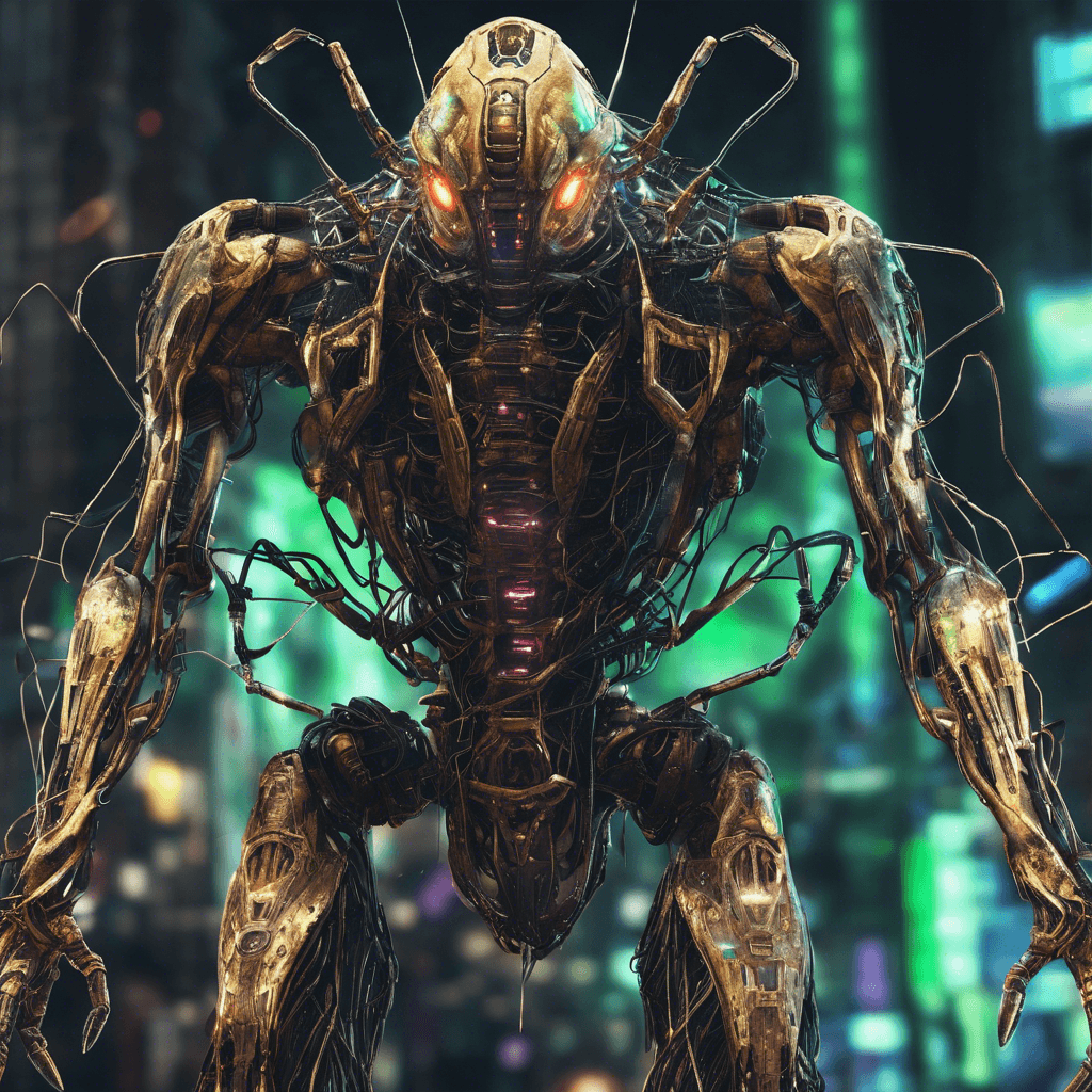 A giant insectoid creature with cybernetic enhancements, glowing with sinister data streams. It's a mass of tangled wires, metal plating, and corrupted code, its pincers clicking as it moves.