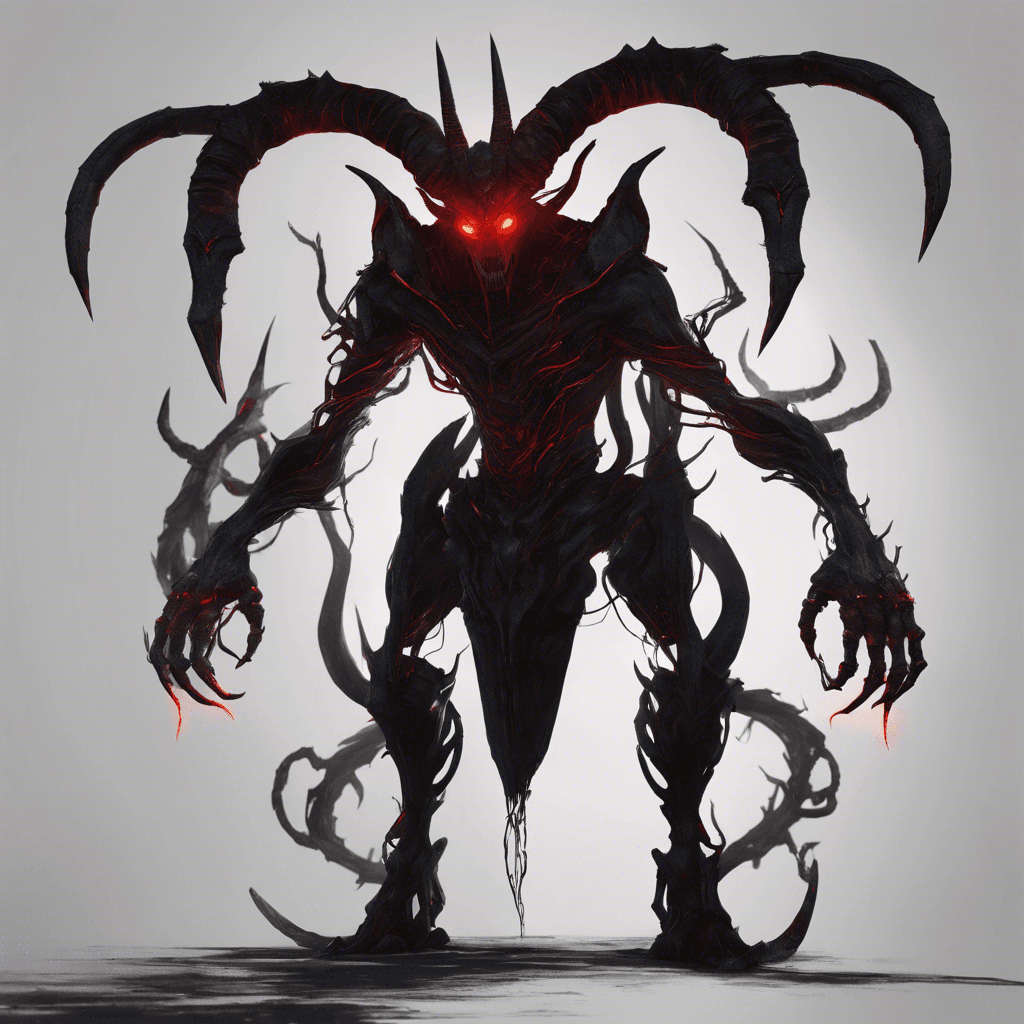 A towering and menacing humanoid form wrapped in shadows, with long twisted horns protruding from its head, glowing red eyes, and claws that crackle with dark energy.