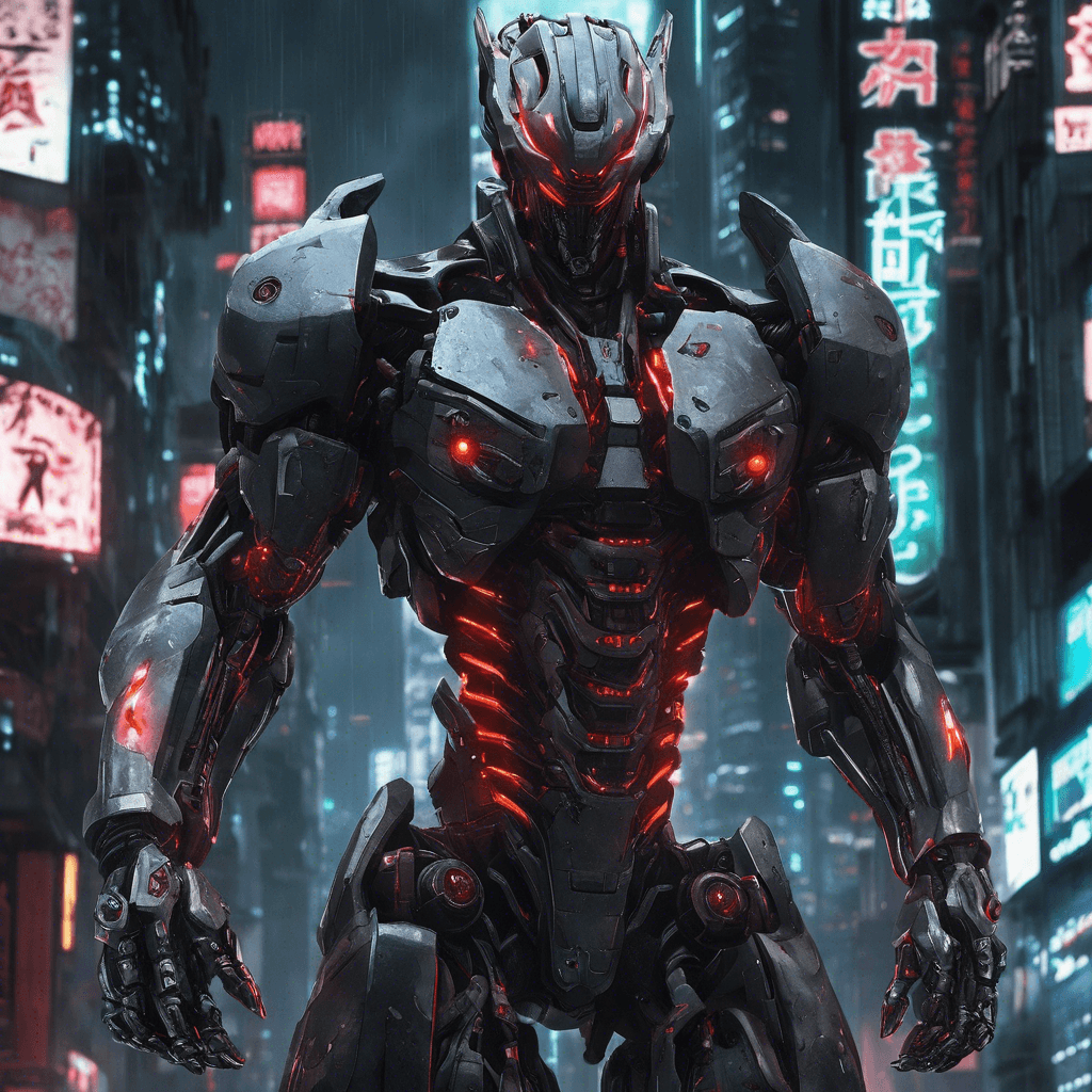 The Cybernetic Enforcer is a towering figure clad in sleek cybernetic armor, with glowing red eyes piercing through the darkness of Neo-Tokyo. Its limbs are enhanced with advanced cybernetic enhancements, and its movements are fluid and precise like a well-oiled machine.