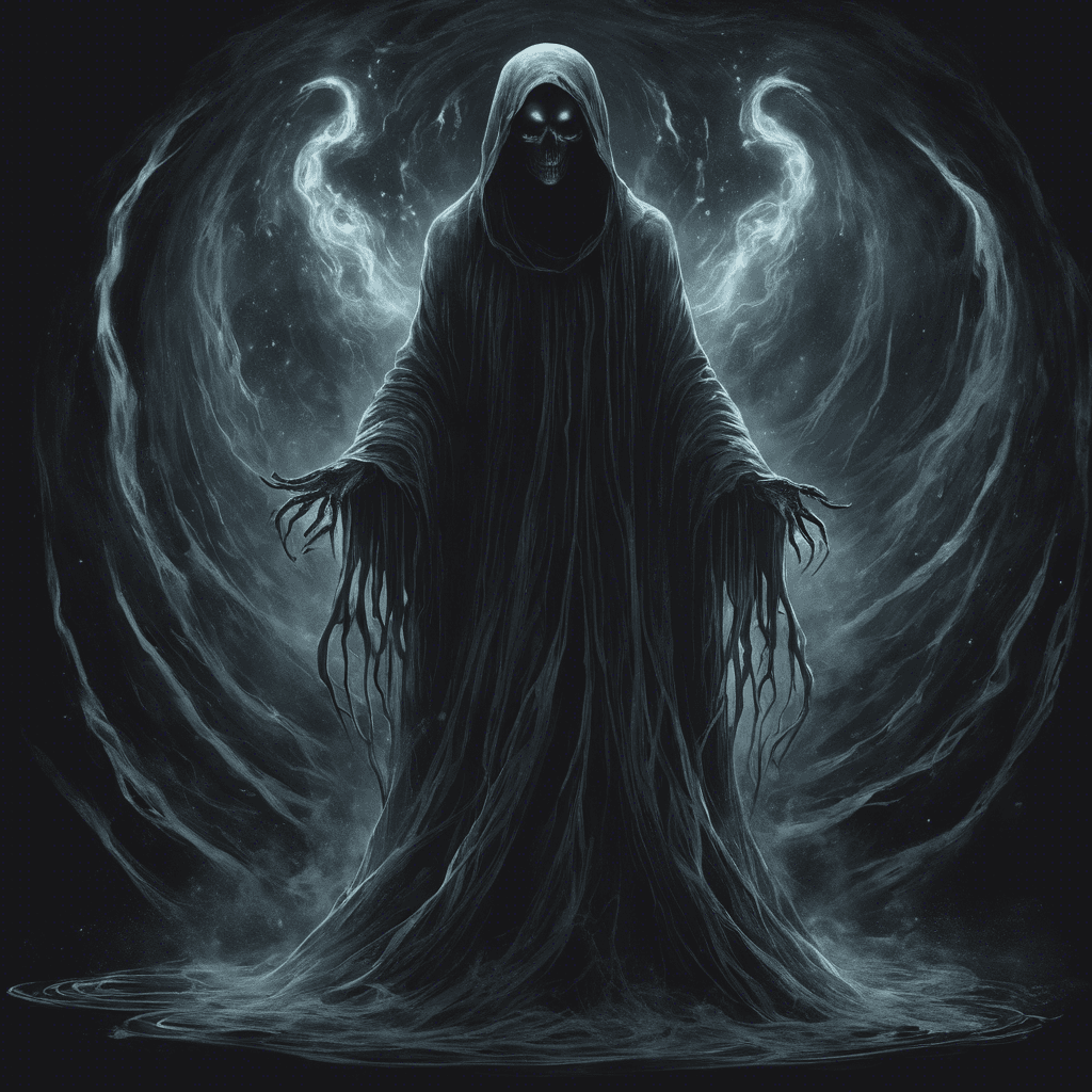 The Specter of the Void is a ghostly figure shrouded in darkness, its form constantly shifting and swirling like a black mist. Its eyes glow with an otherworldly light, and its touch brings a bone-chilling cold that freezes the very soul of those it comes into contact with.