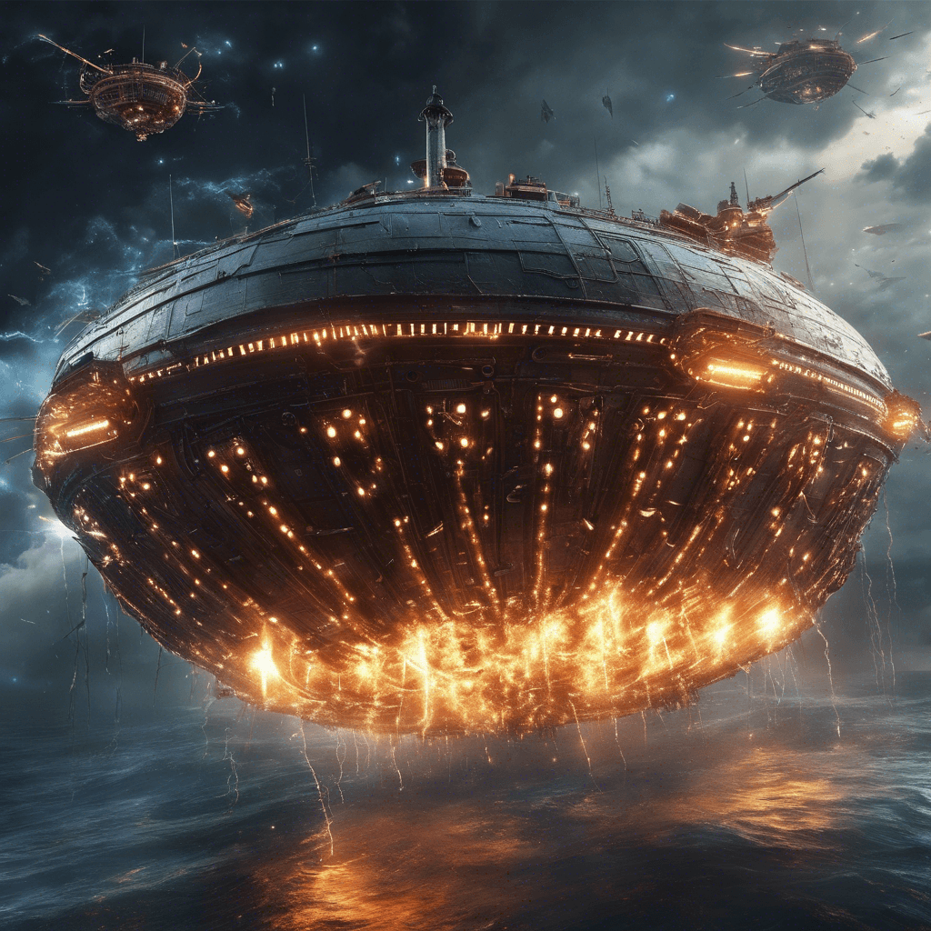 A titanic semi-spherical ship, bristling with weapons. It glows with pulsating energy as it prepares to unleash a catastrophic attack. Countless small defense drones swarm around it like a protective cloud.