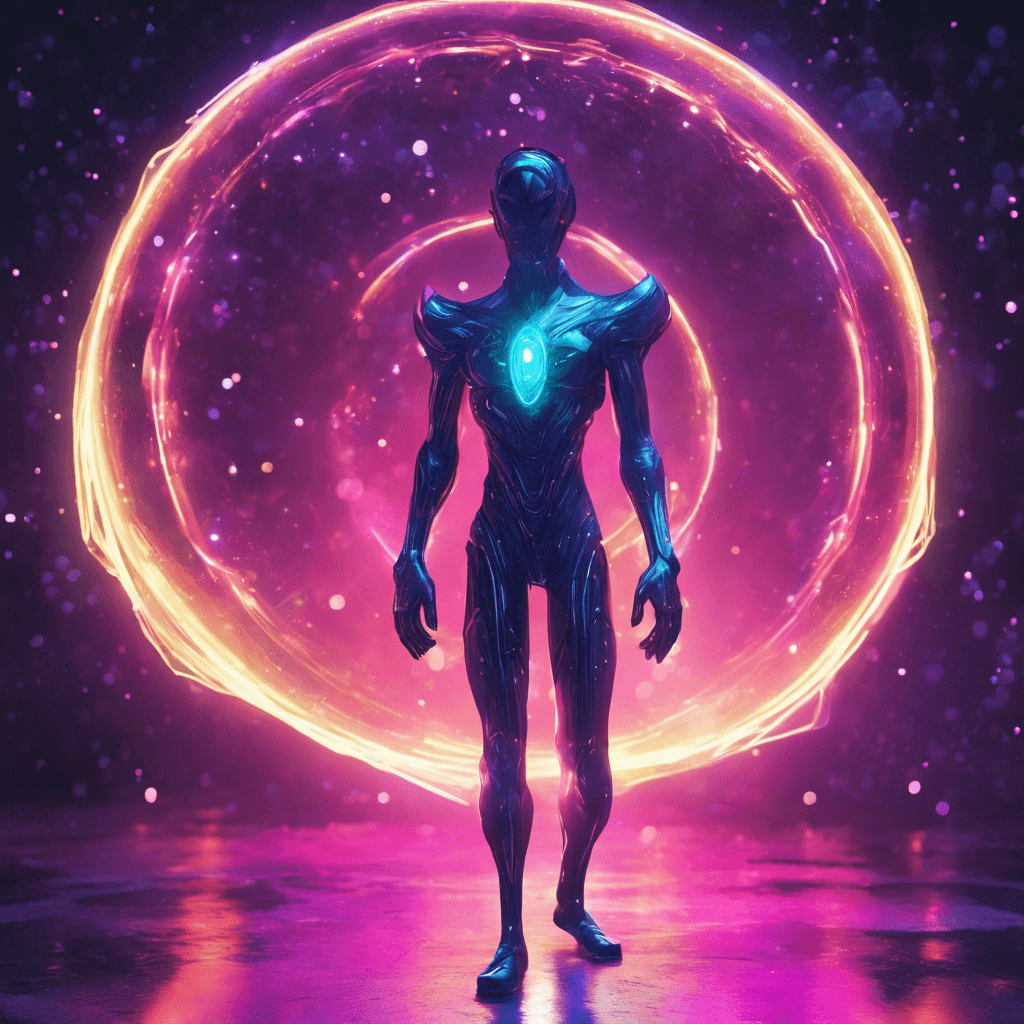 The Neon Voidwalker is a sleek, humanoid figure with a shimmering neon glow emanating from its translucent body. It moves with an eerie grace, leaving behind a trail of sparkling stardust as it glides through the cosmos. Its eyes glow with an otherworldly intensity, appearing to see beyond the physical plane.