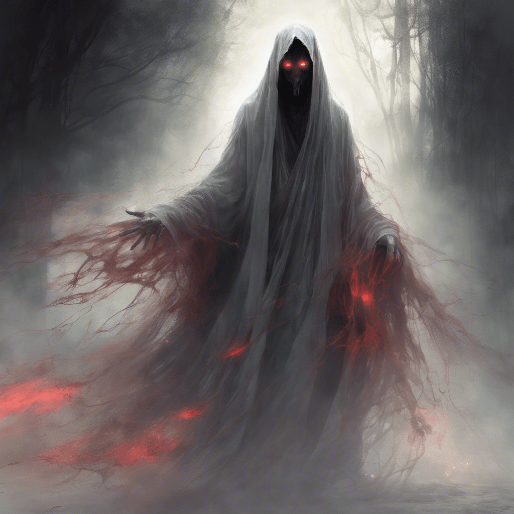 A ghostly figure, nearly transparent and cloaked in tattered, ethereal robes. Glowing red eyes pierce the dark. Its movements are silent yet unnaturally swift.