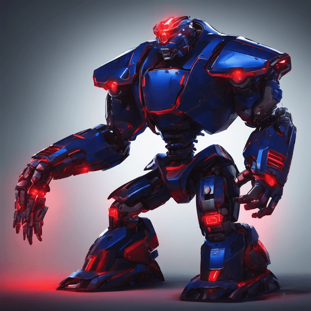 A hulking, robotic entity, its body comprised of midnight blue metallic plates, crimson lights pulsating at its joints and a triangular visor glowing with an ominous red hue.