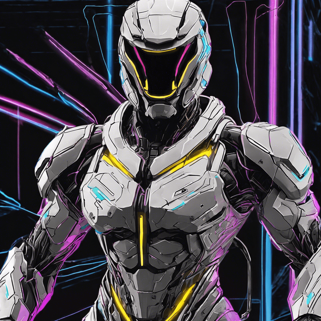 A figure clad in urban-tech armor, with neon lines tracing contours against the dark fabric; a visor glows with malicious code streams.