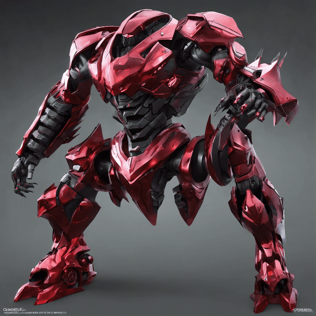 Standing tall with a metallic sheen, this Omega Sentinel exudes menace. Its eyes glow with a pulsating red hue, and its body is constructed of a dense, dark alloy, covered in shifting plates and sharp angles. It moves with lethal precision, appendages tipped with various weapons.