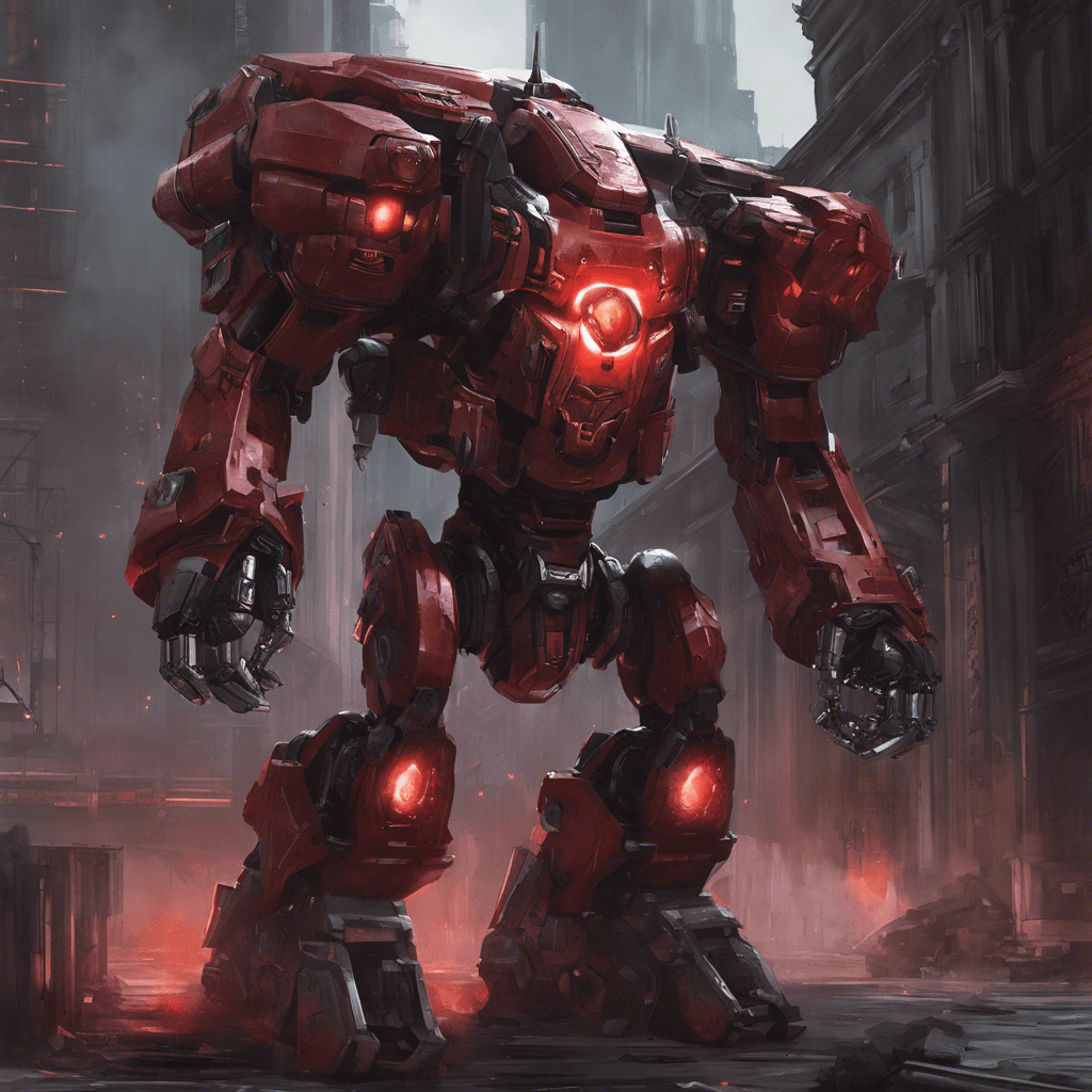 The Conclave Enforcer is a towering robotic sentinel, its chassis a gleaming alloy of unknown metals, eyes glowing with a menacing red hue. It moves with a fluid, predatory grace, despite its size and the heavy repeater blasters mounted on each arm.