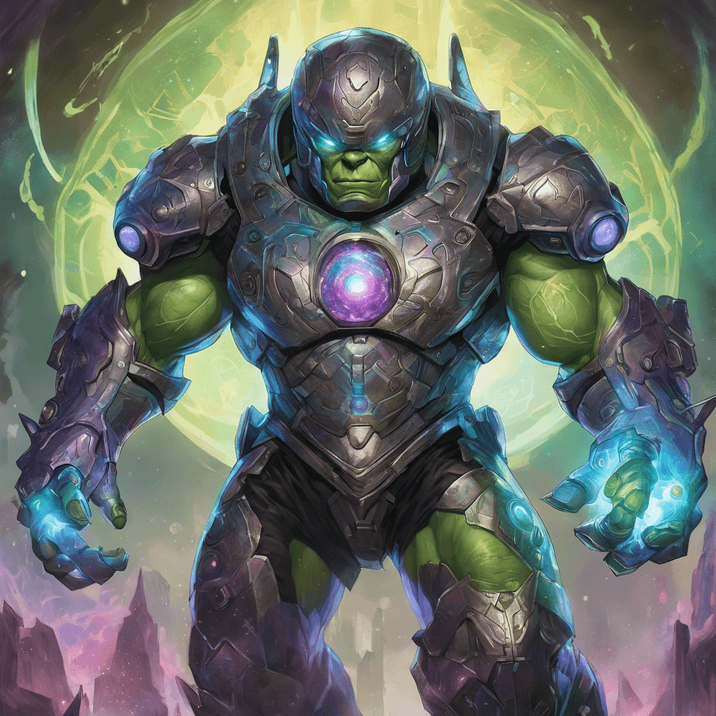 A hulking figure clad in iridescent, powered armor with a helmet adorned in strange, alien glyphs. Its four luminous eyes pierce through the shadows, and it wields a crackling energy lance in its gauntleted hands.