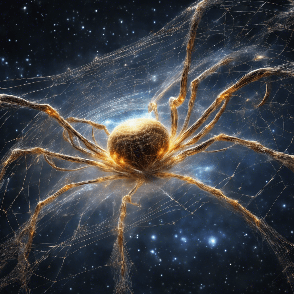 A colossal, spider-like entity made of pure energy, with tendrils reaching out, pulsating with the light of a thousand galaxies. The Star Weaver seems to weave the very fabric of space-time around it, its core shining like a newborn star, tendrils crackling with the potential to rend the fabric of reality.