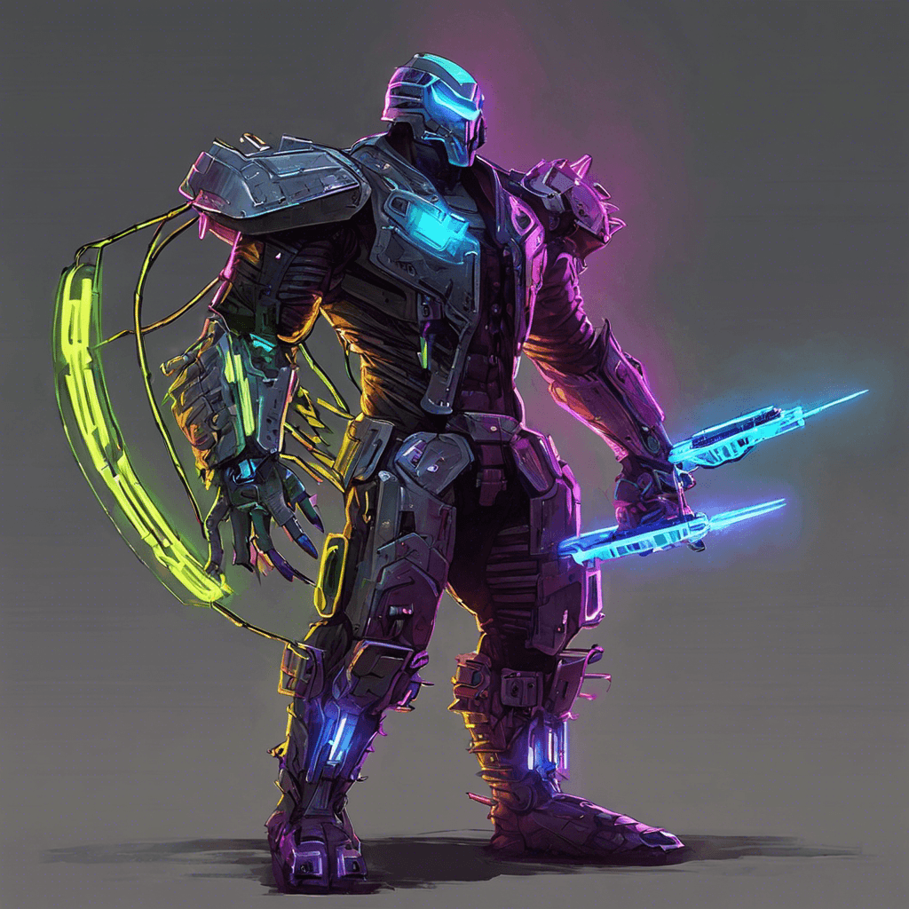 The Neon Shredder is a cybernetic being covered in glowing neon circuitry, with sharp metal claws and a cold, calculating gaze. It moves with unnatural speed and agility, making it a formidable foe in the dark cyberpunk alleys.