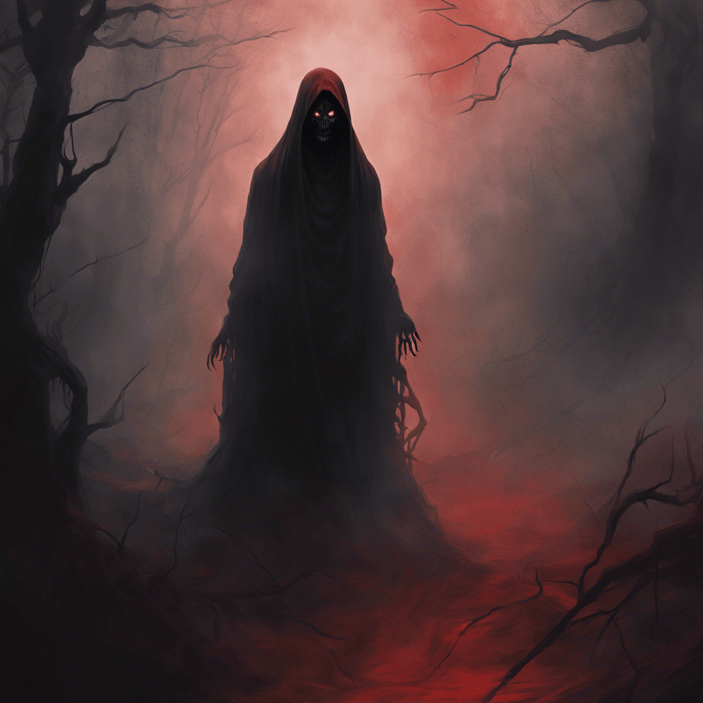 The Specter of Shadows is a ghastly figure shrouded in darkness, its features obscured by a veil of black mist. Its eyes glow with a haunting crimson light, and its whispers chill the very soul. It moves silently, drifting effortlessly through the air with an aura of malevolence.