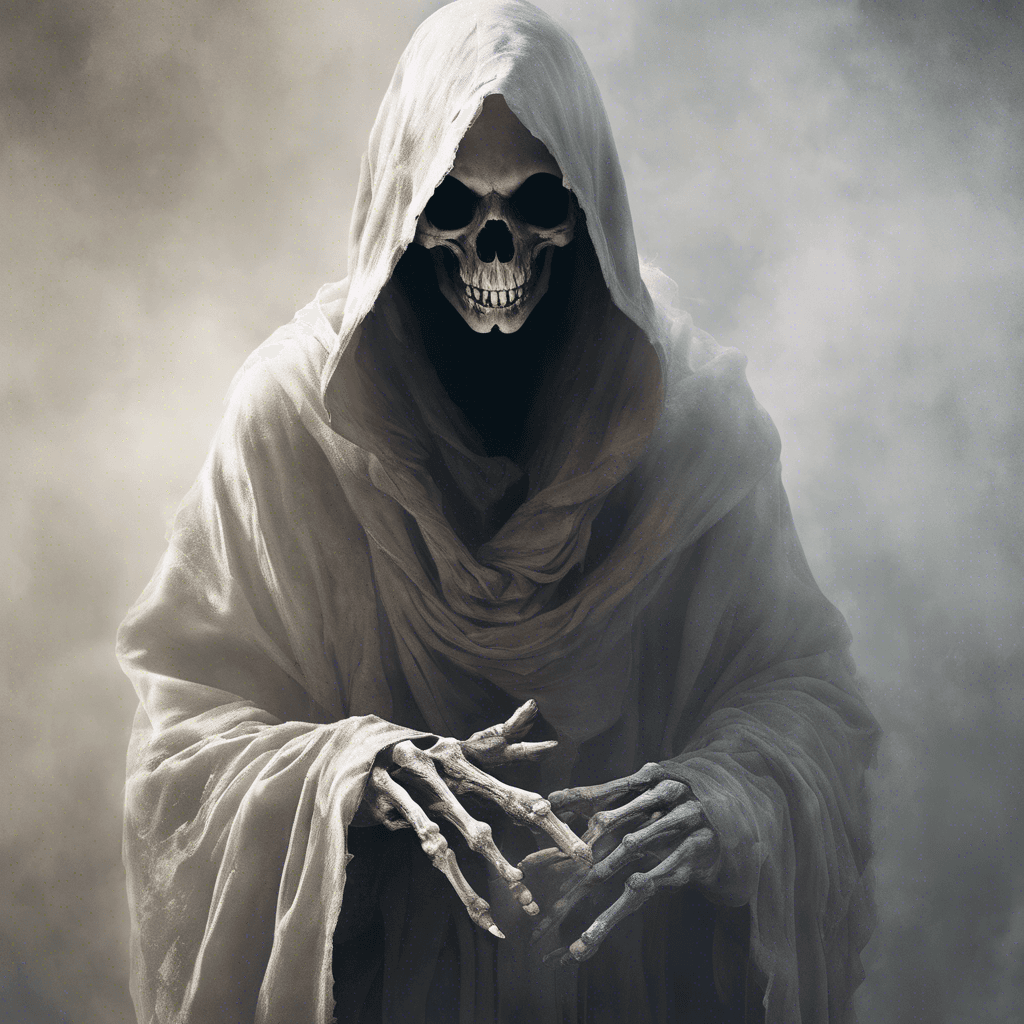 A ghostly figure, draped in tattered robes, its face obscured by the hood, with long skeletal fingers and an eerie, otherworldly glow emanating from where its eyes should be.