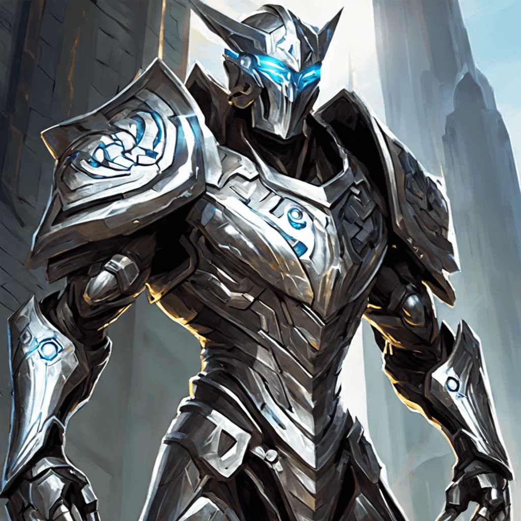 The Chrono Sentinel is a towering humanoid figure clad in shimmering silver armor, adorned with intricate glowing runes. Its visor emits a pulsating light, suggesting advanced temporal technology. It wields a staff crackling with energy, ready to defend the crystal city at all costs.