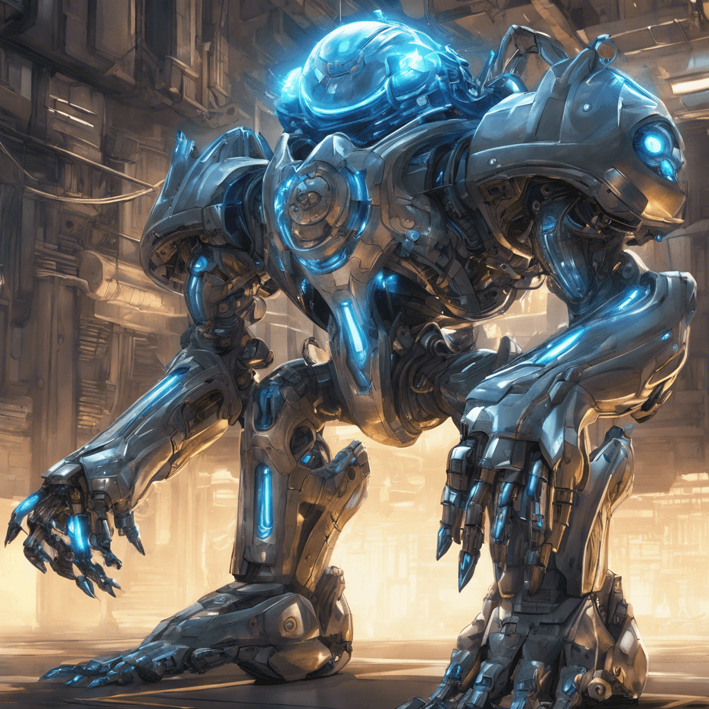 A colossal mechanoid with a sleek, silvery exoskeleton and glowing blue energy coursing through its circuits. It stands guard before the core, a hulking protector with piercing photonic eyes and arms that morph into devastating energy weapons.