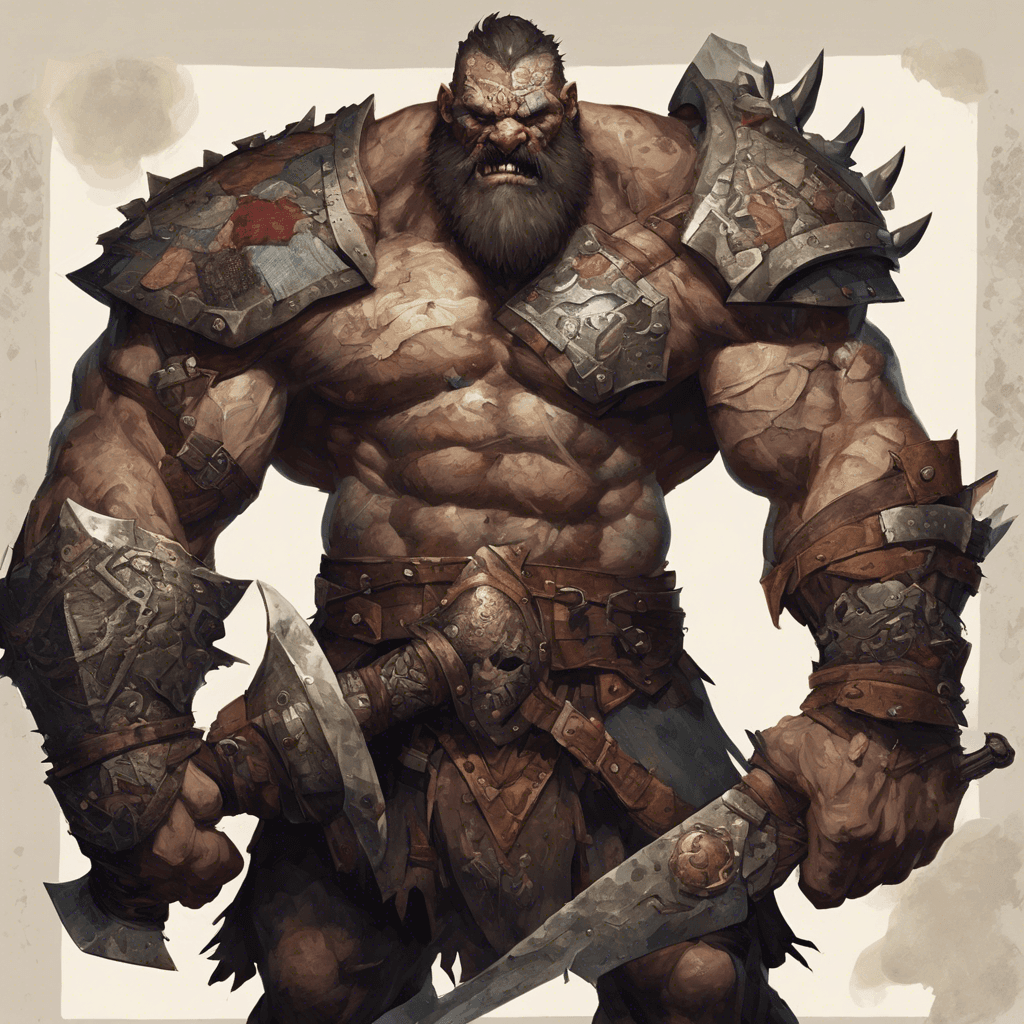 A towering, muscle-bound brute with a scarred face, carrying a massive greataxe slung over his shoulder. He is covered in patchwork armor, adorned with trophies from past victims.