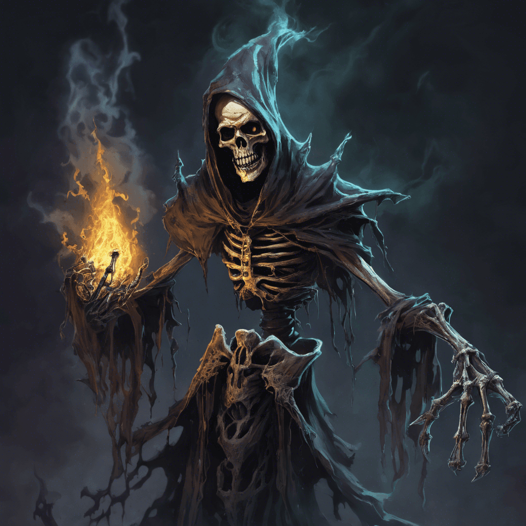 The Dreaded Lich is a powerful undead sorcerer, with charred skin clinging to its skeletal frame. Its eyes glow with a malevolent light, and dark energy crackles around its fingertips. It emits an aura of cold that chills you to the bone.