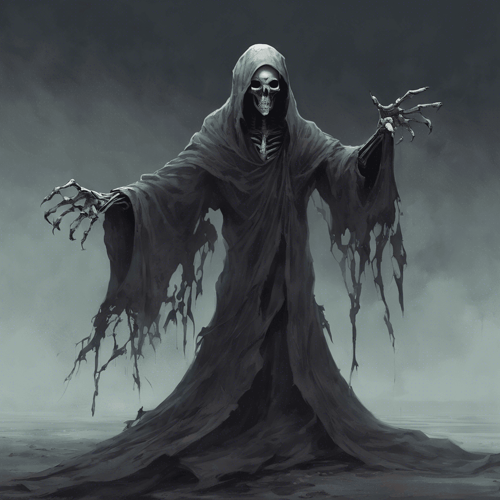 A spectral figure draped in tattered robes that flutter ominously despite the absence of wind. Its eyes are hollow pits of darkness, and a ghastly aura of twilight energy emanates from its form. Skeletal hands peek from its sleeves, with elongated fingers that claw at the unseen.