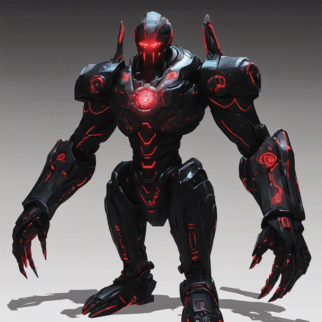 A towering figure clad in sleek black armor adorned with neon circuit patterns. Its glowing red eyes scan the area with precision, its cybernetic limbs gleaming with advanced technology. The Cybernetic Enforcer emits a low hum as it approaches, a menacing presence in the high-tech environment.