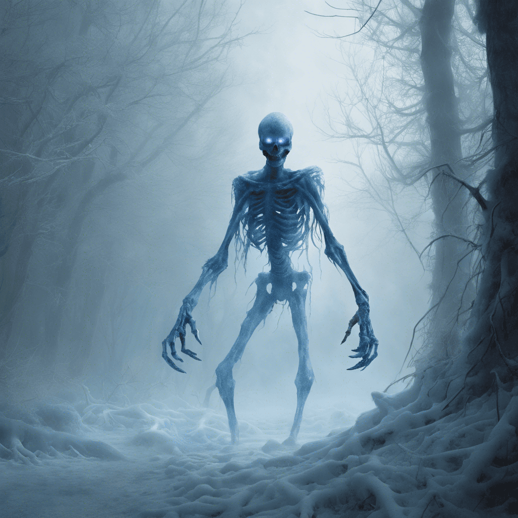 A ghostly figure shrouded in icy mist, its long, skeletal fingers end in razor-sharp claws. Eyes glowing a deep blue, it emanates a bone-chilling cold, and its semi-transparent form hovers above the ground, leaving a trail of frost in its wake.