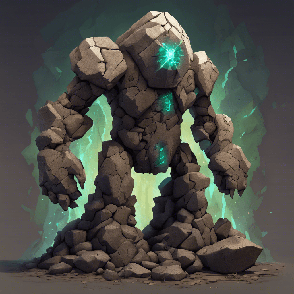 A towering golem made of jagged rocks and ancient, rune-covered stones, with glowing sigils pulsating through the cracks in its earthen body.