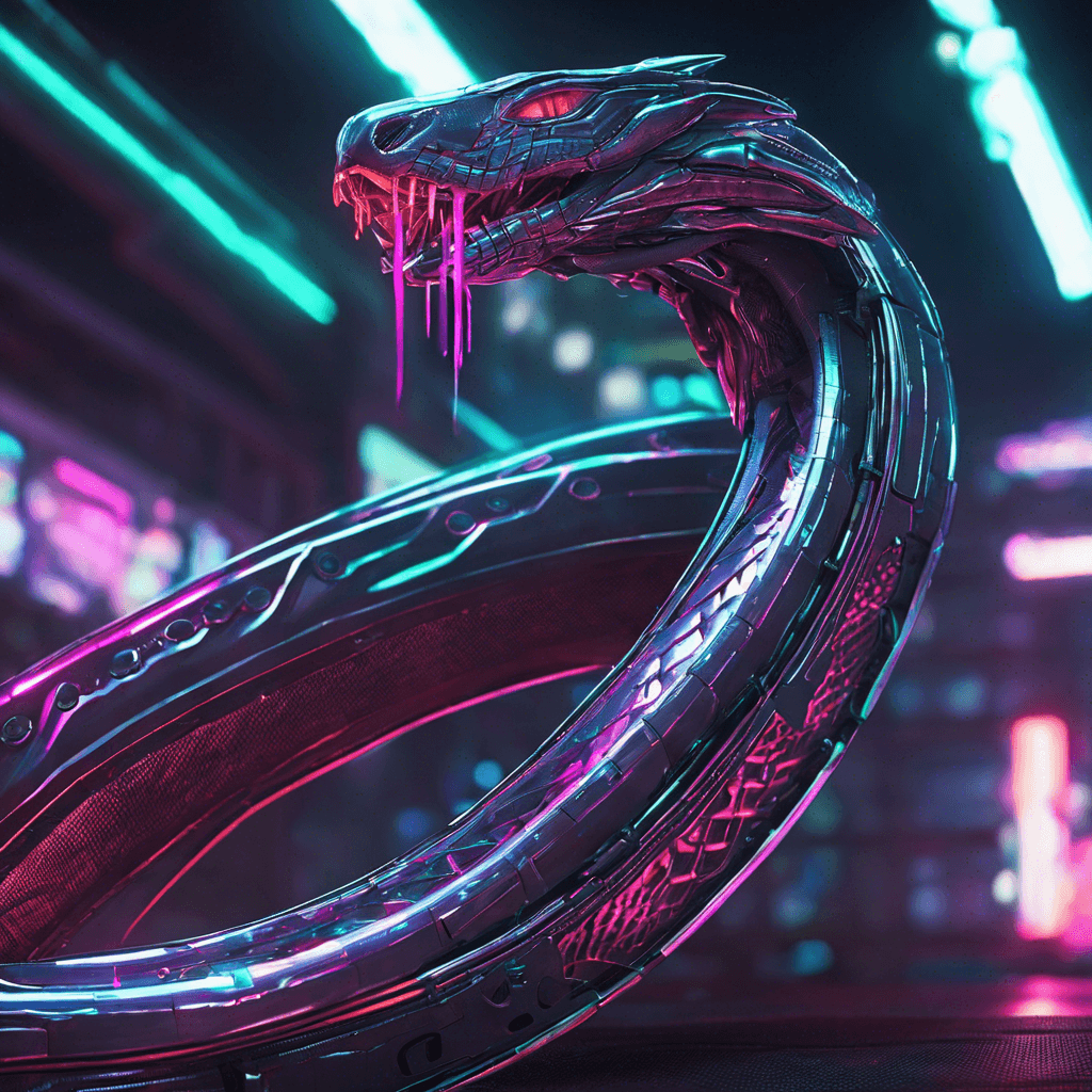 The Cyber Serpent is a sleek, metallic serpent with glowing circuit patterns running along its body. Its razor-sharp cybernetic fangs can deliver a potent venom that disrupts neural signals, leaving victims paralyzed and vulnerable.