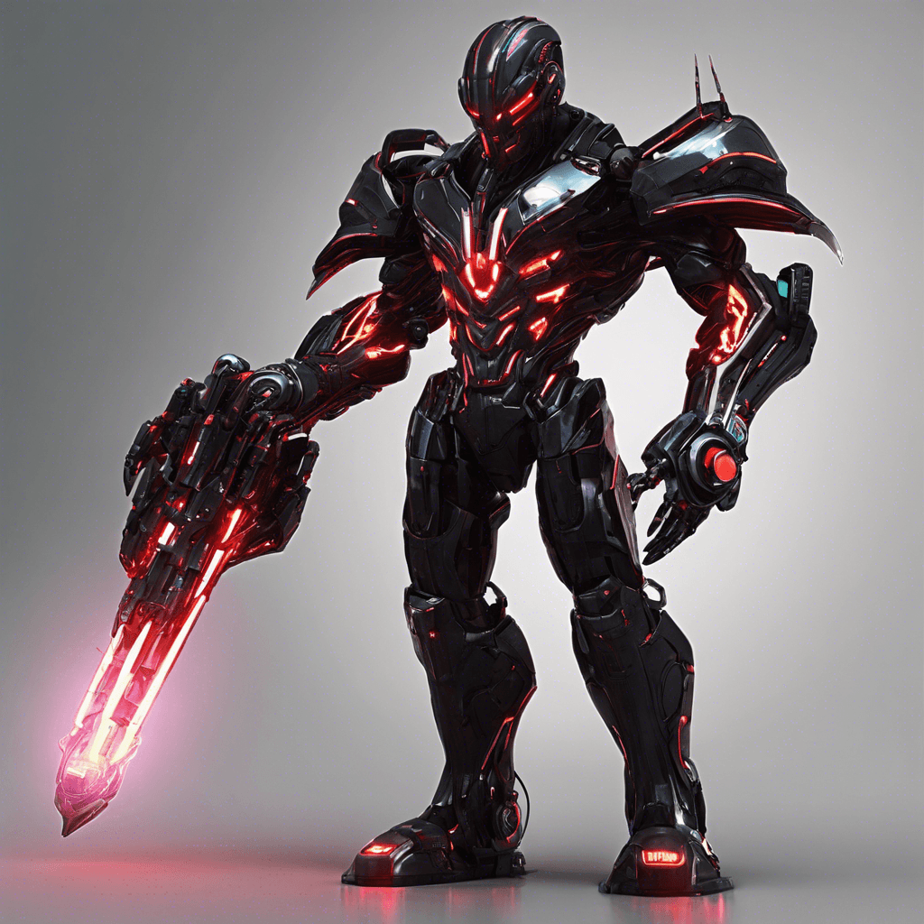 The Cybernetic Enforcer is a towering figure clad in black armor adorned with pulsating neon lights. Its eyes glow with a menacing red hue as it moves with inhuman precision. Wires and circuits protrude from its metal frame, hinting at the advanced cybernetic enhancements it possesses.