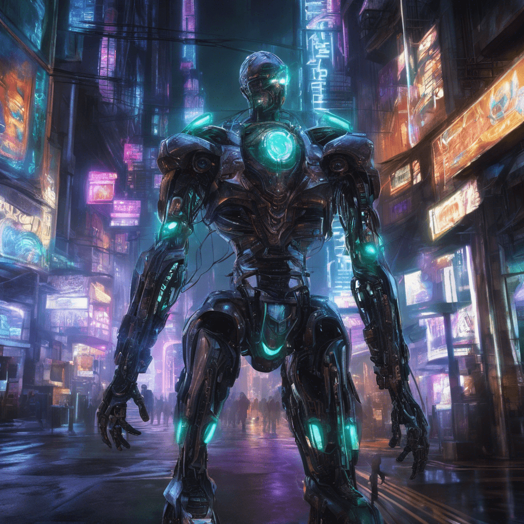 A towering figure with a metallic exoskeleton covering most of its body, glowing neon lights pulsing through the cracks. Its eyes are replaced with cybernetic implants, scanning the surroundings for potential threats. The sound of whirring machinery accompanies its every movement, giving off an aura of relentless determination.