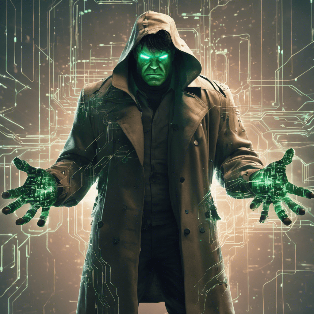 A hulking figure draped in a tattered trench coat, littered with pulsing data ports and glowing screens displaying lines of code across his forearms, facial features obscured by a hacked visor that flickers with malicious intent.