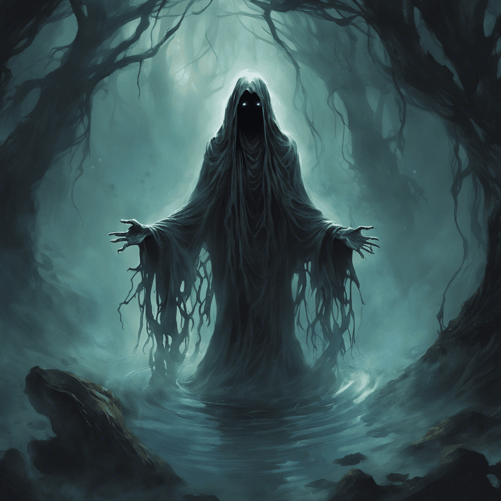 A shadowy apparition, the Grotto Wraith is a swirl of dark mist with two gleaming, soulless eyes. Tattered robes of ethereal material hang from its formless body, drifting as if underwater. It moves with eerie silence, a grim harvester of the unwary.